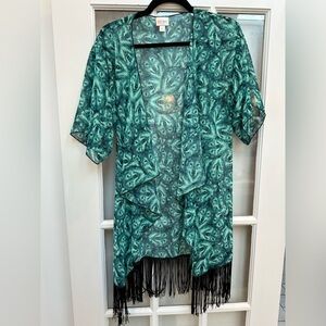 LuLaRoe Monroe Fringe Kimono Coverup Sheer RARE Teal Wolf Limited Edition Size S